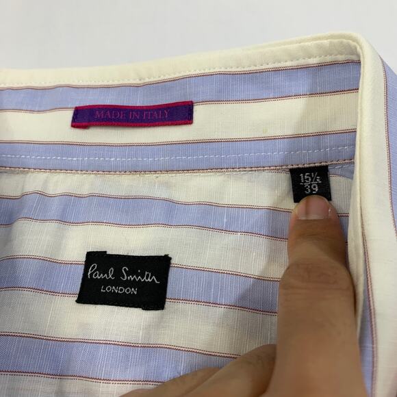 Paul Smith Shirt Mens 15.5 Bone White Periwinkle Striped Linen Blend Made Italy - Picture 4 of 9